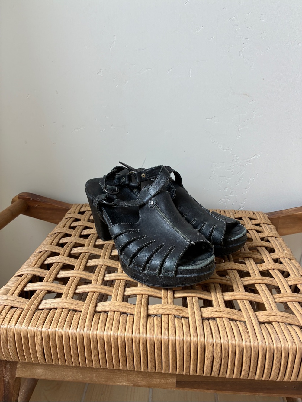 Dansko Black Leather Open-Toe Sandal Heels